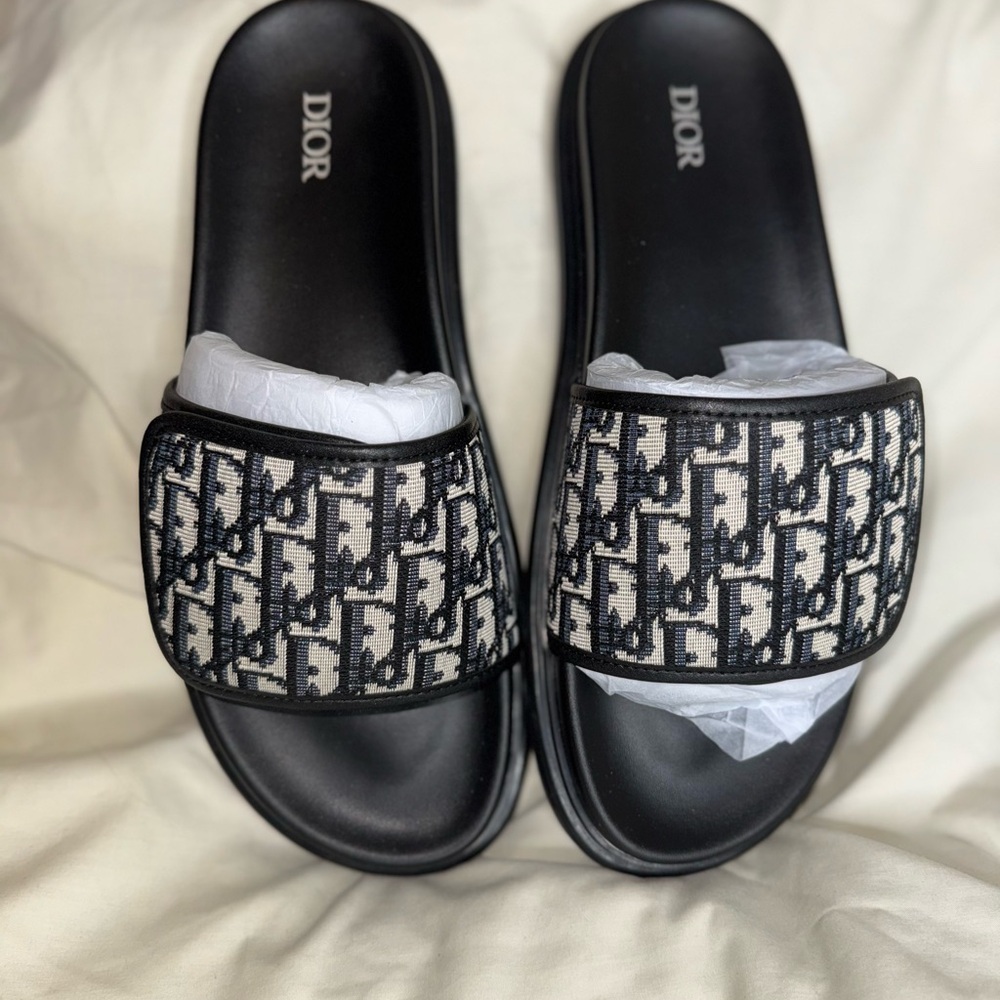 Dior Black and White Slide Sandals with Monogram Design